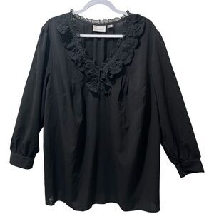 Avenue Black Blouse, Ruffle Collar, Button Cuffs, Sheer, Lightweight, Plus 22/24